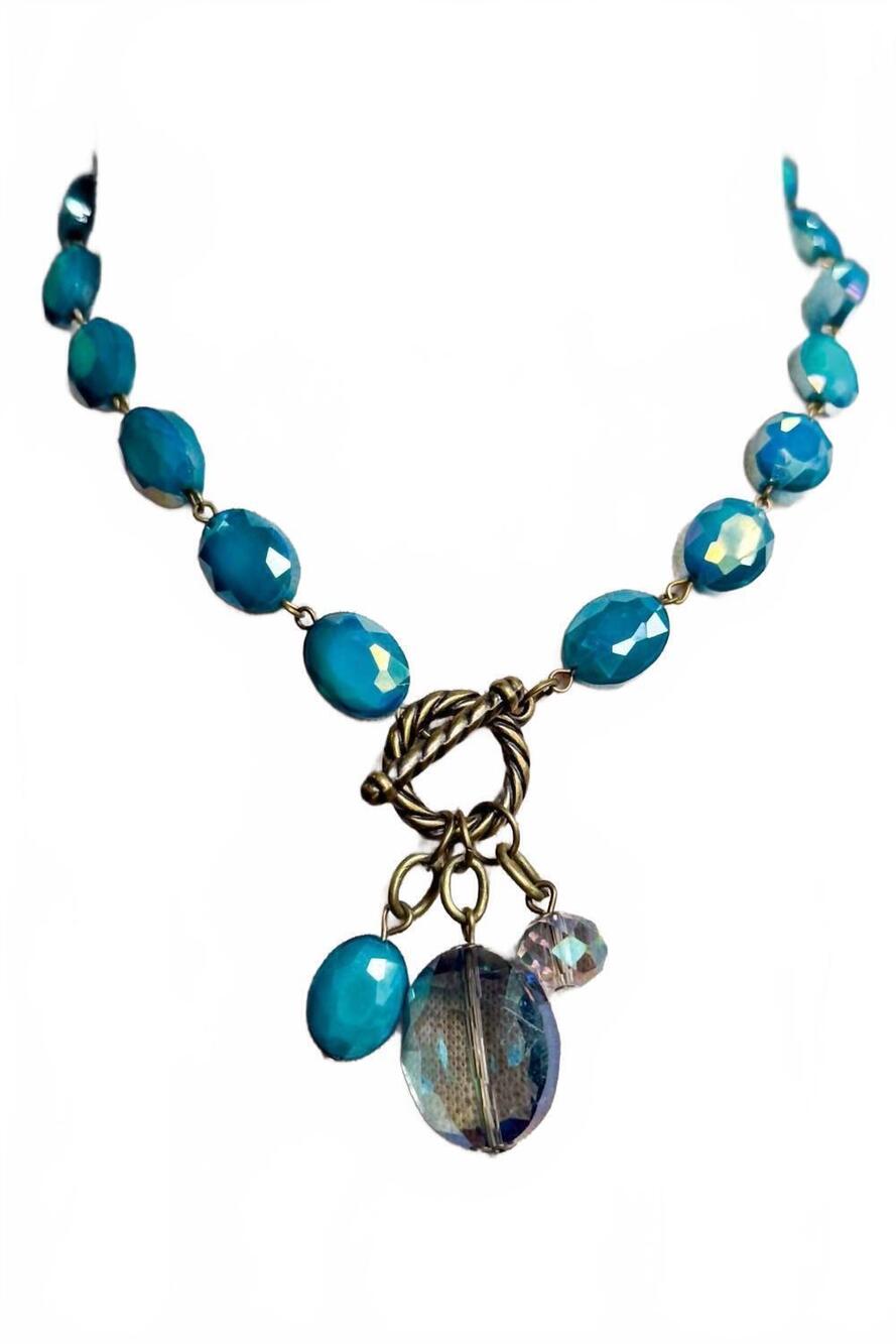 NEW DYLAN women's carolina iridescent glass bead charm necklace in aqua
